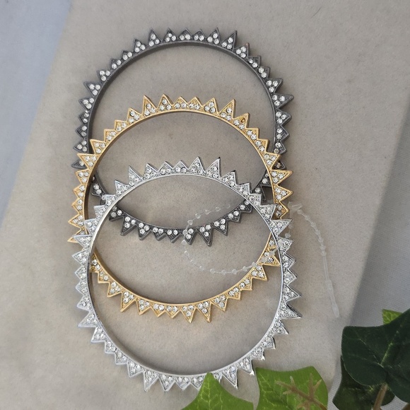 Set Of Three Bangle Bracelet Set Starburst with Rhinestone Gold Silver Grey - Picture 1 of 12